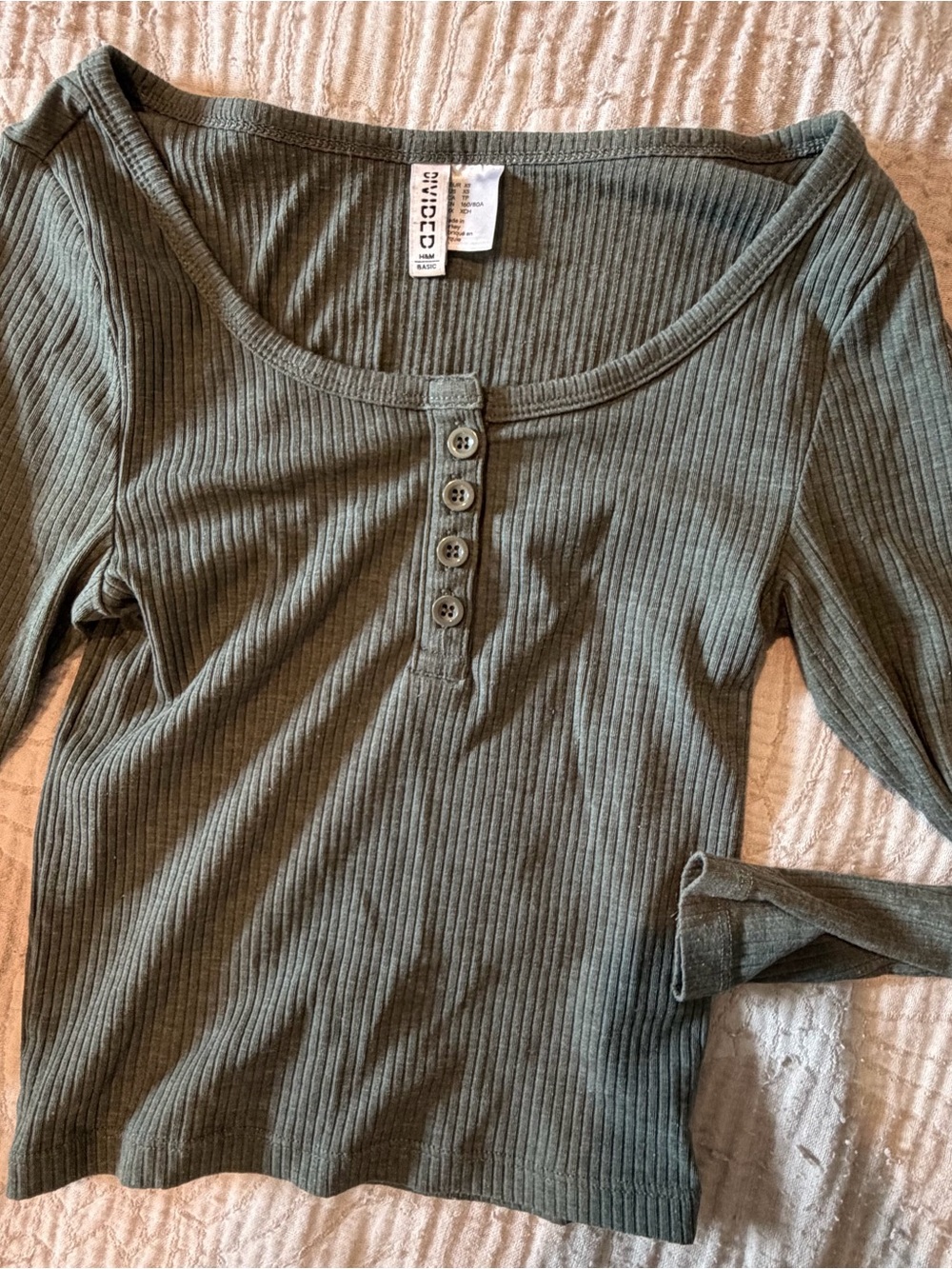 H&M Olive Ribbed Henley Long Sleeve Top